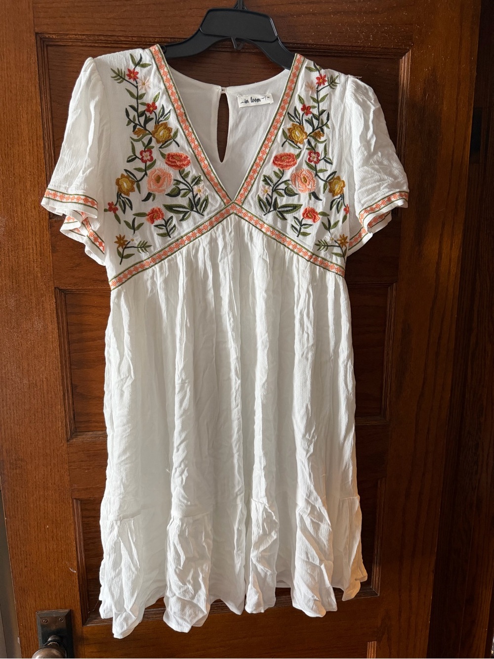 White Embroidered V-Neck Mini Dress with Floral Accents